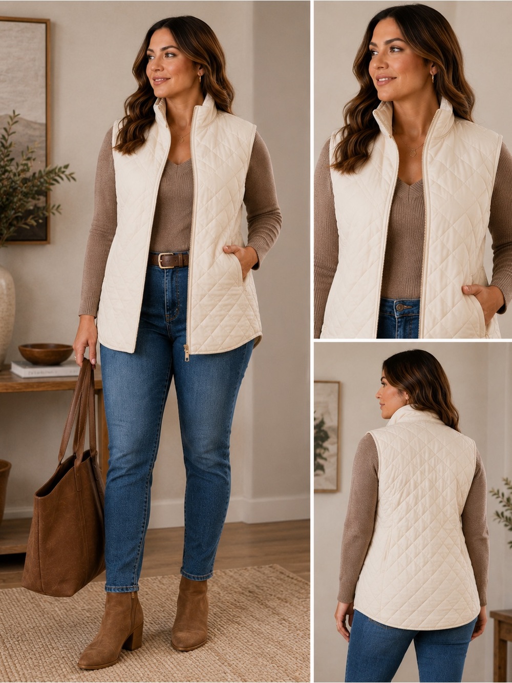 Quilted Cream Zip Front Vest